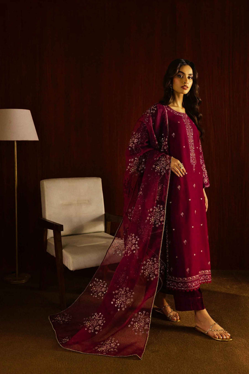 Masooma 3Pc - Embroidered Lawn Dress in Purple Maroon Magenta color