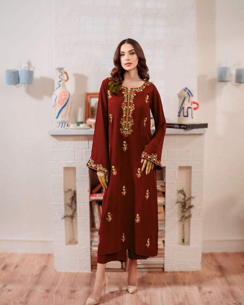 2-Pc Mahira Maroon Embroidered Lawn Dress