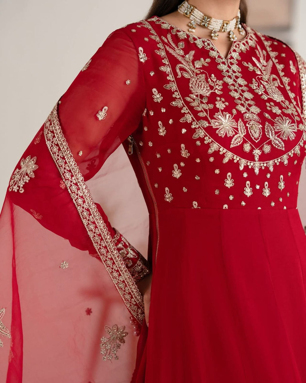  Red Embroidered Chiffon Long Maxi Dress