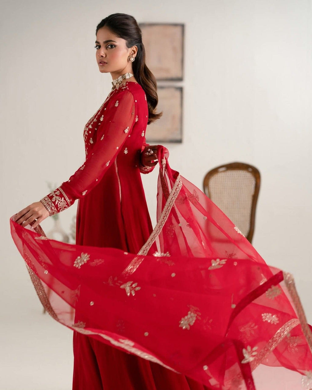  Red Embroidered Chiffon Long Maxi Dress