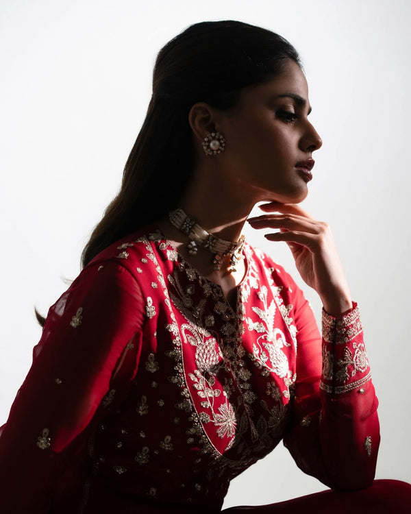  Red Embroidered Chiffon Long Maxi Dress