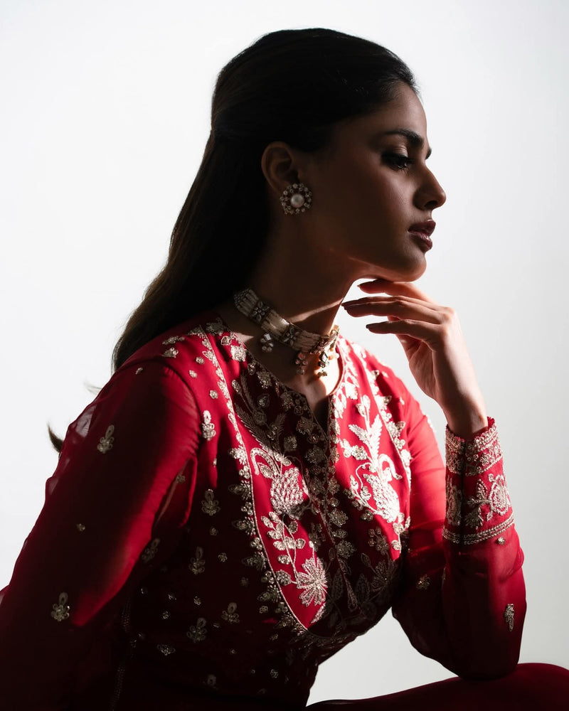  Red Embroidered Chiffon Long Maxi Dress