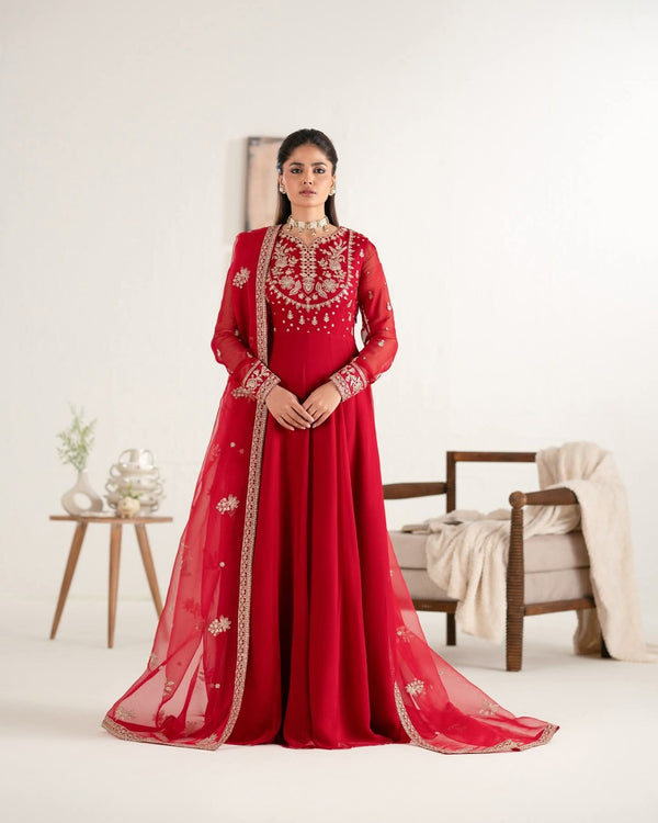  Red Embroidered Chiffon Long Maxi Dress