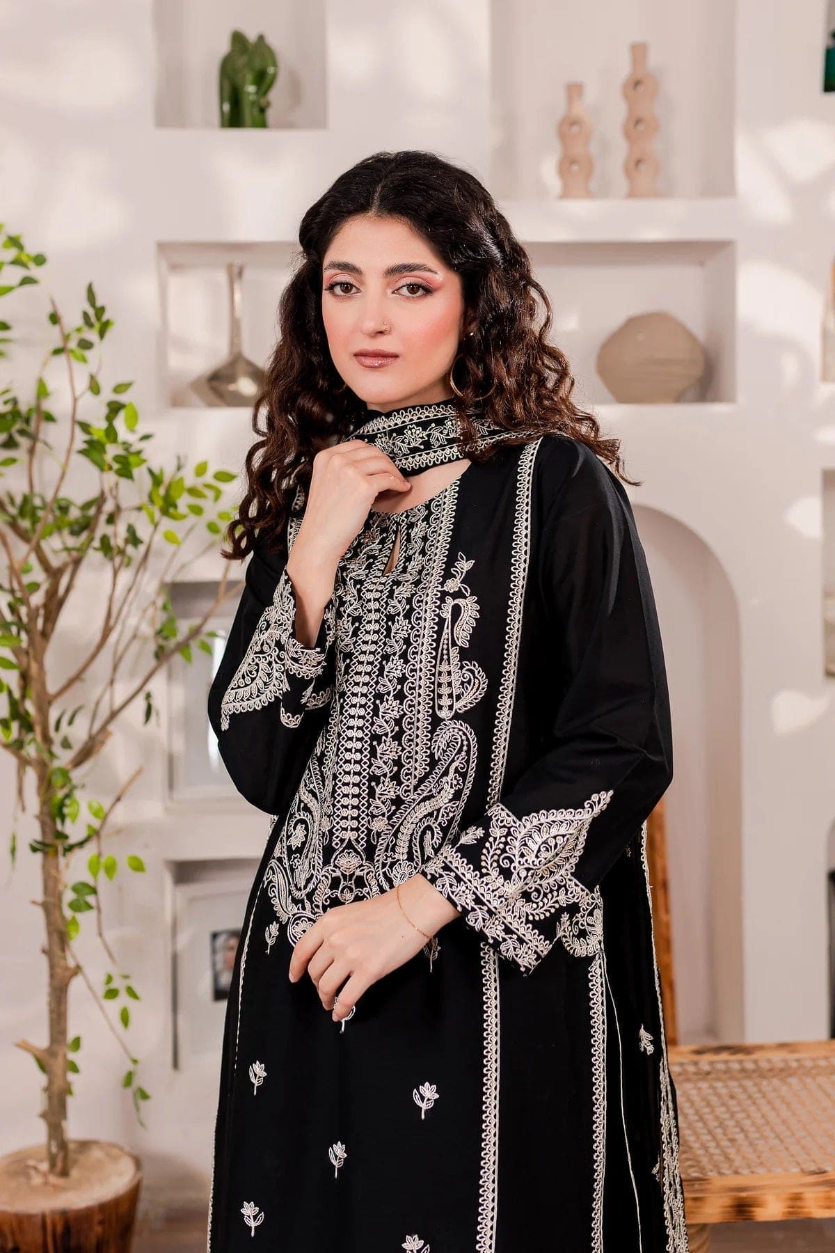 Monochrome 3Pc Embroidered Lawn Dress