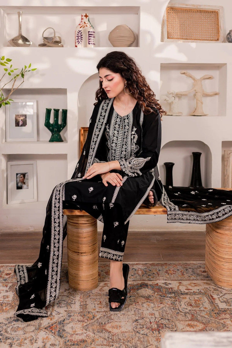 Monochrome 3Pc Embroidered Lawn Dress