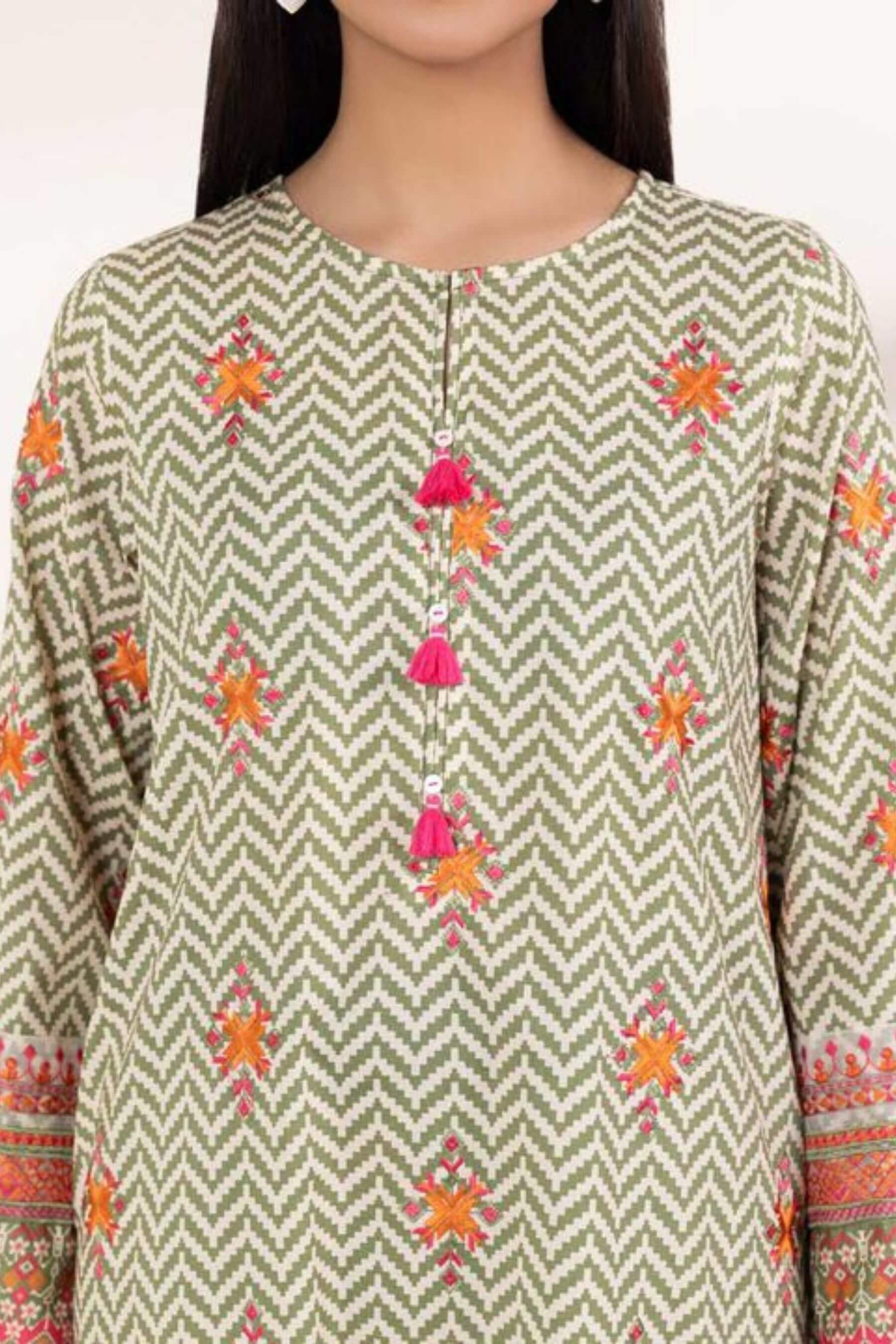 Front view of green printed kurta set