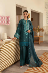 Teal pima lawn embroidered suit with khadi net dupatta and farshi shalwar