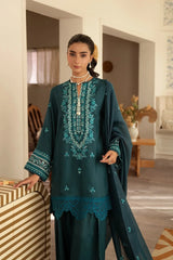 3Pc Teal Pima Lawn Embroidered Suit with Khadi Net Dupatta & Farshi Shalwar