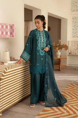 Woman in teal embroidered outfit standing in a room with striped cabinet and patterned rug.