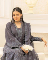 Preety aalaya 3-Piece Embroidered Winter Dress in grey with intricate floral thread work, elegant slub karandi embroidered lace dupattaand comfort of same trouser, and stylish design — perfect for formal winter wear by Lalazar Shop.