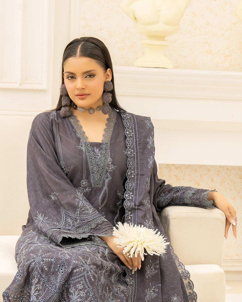 Preety aalaya 3-Piece Embroidered Winter Dress in grey with intricate floral thread work, elegant slub karandi embroidered lace dupattaand comfort of same trouser, and stylish design — perfect for formal winter wear by Lalazar Shop.