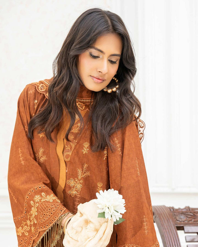 Maira 3Pc Embroidered Karandi Dress featuring premium fancy slub karandi shirt, embroidered lace dupatta, and matching trouser — elegant winter outfit by Lalazar Shop.