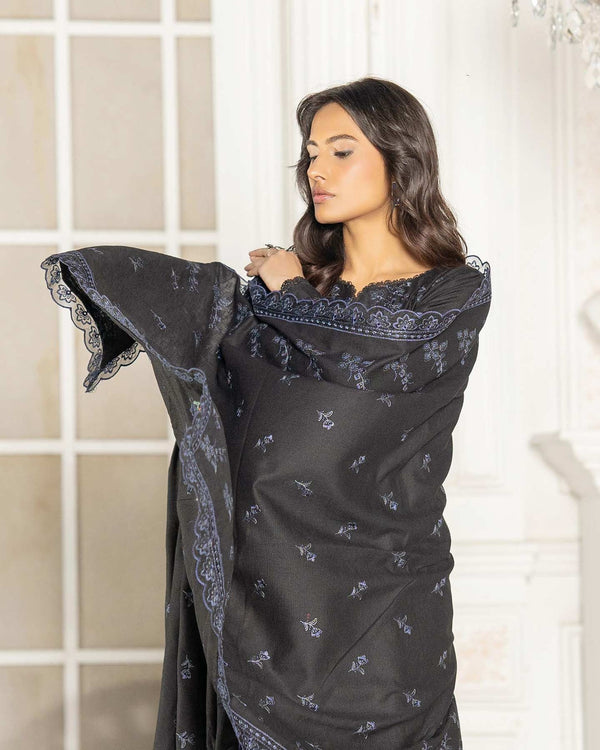 Mishaal 3Pc embroidered krandi winter dress with lace dupatta and matching trouser by Lalazar.