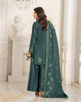 Laiba 3Pc Embroidered Karandi Dress featuring premium slub karandi fabric, fancy embroidered shirt, lace dupatta, and matching trouser — elegant winter outfit by Lalazar Shop.