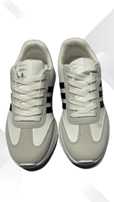 Kids Classic Stripe Sneakers – White, Black & Brown