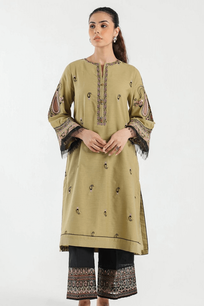 Olive green embroidered kurta for women