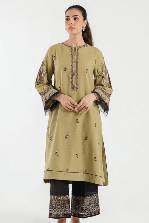 Olive green embroidered kurta for women
