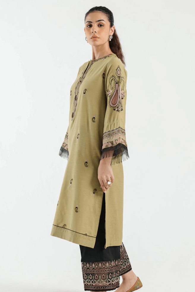 Women olive green kurta with printed trousers